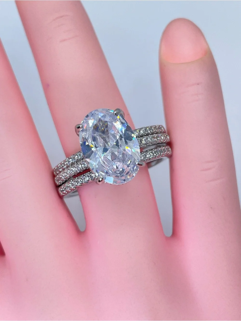 Swarovski Crystal Elements White Oval Cut Solitaire Ring 3 Band Set Sz 9